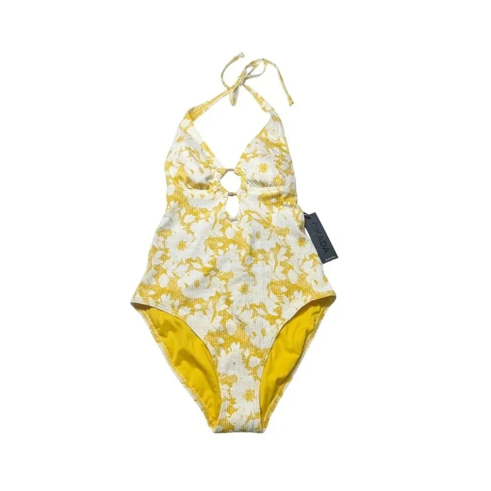Cikada Yellow Floral One Piece Halter Swimsuit Women's US Size 6 New With Tags